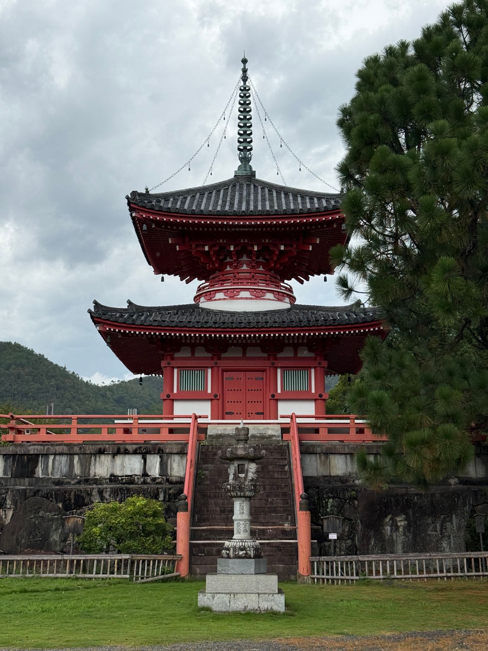 Ancient stone temple garden and cedar trees in Kyoto
